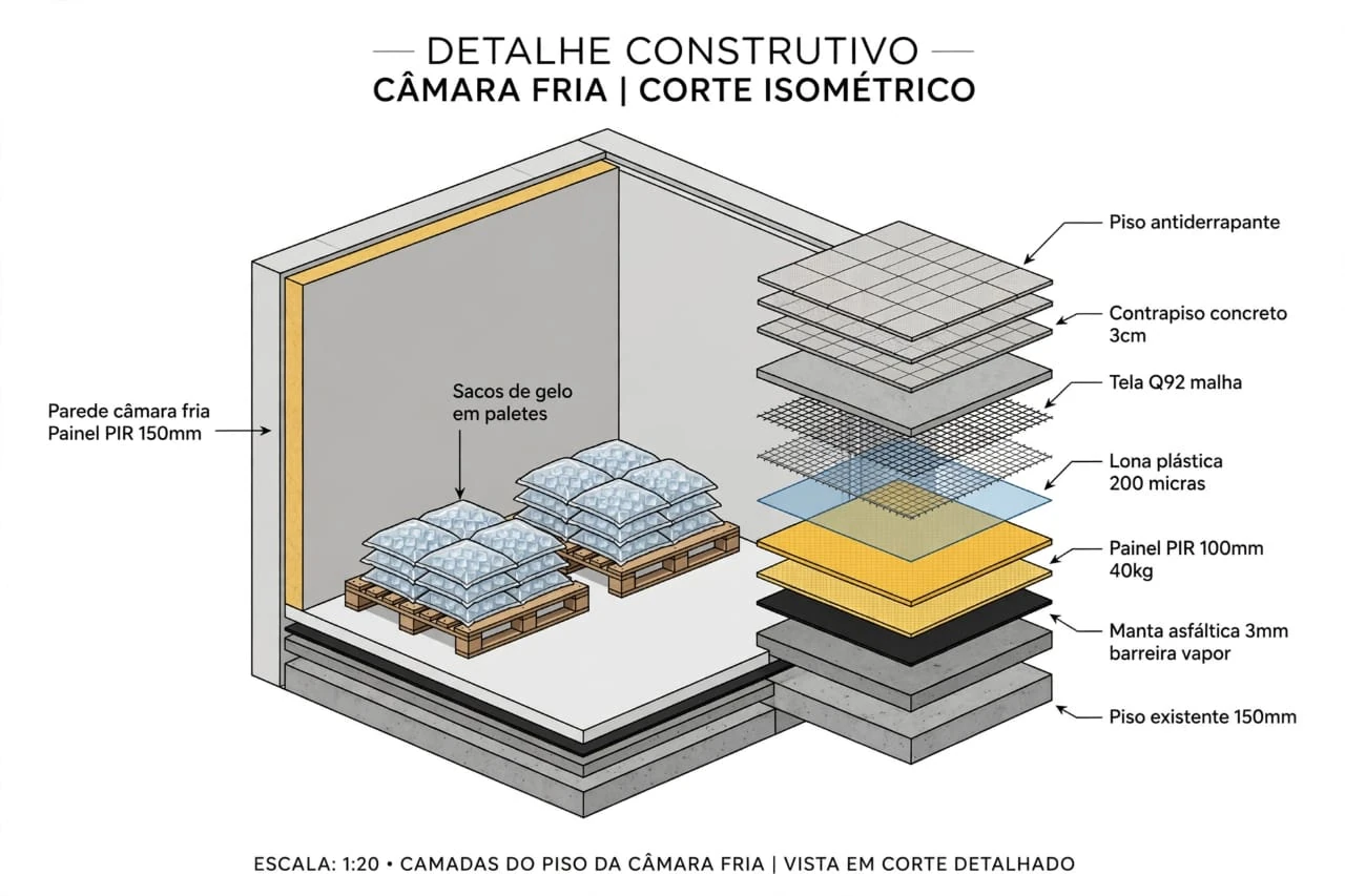 Desenho técnico das camadas do piso de uma câmara fria, em vista explodida