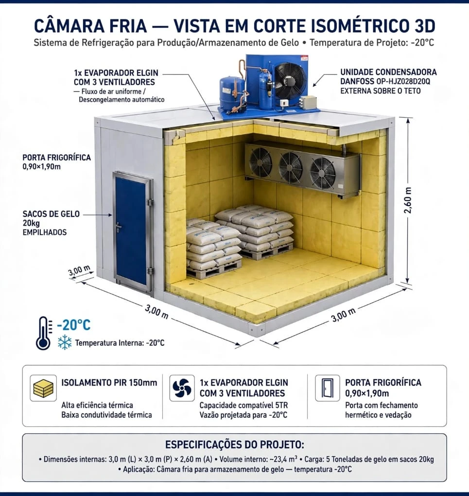 Corte isométrico do projeto de uma câmara fria, com a especificação dos equipamentos