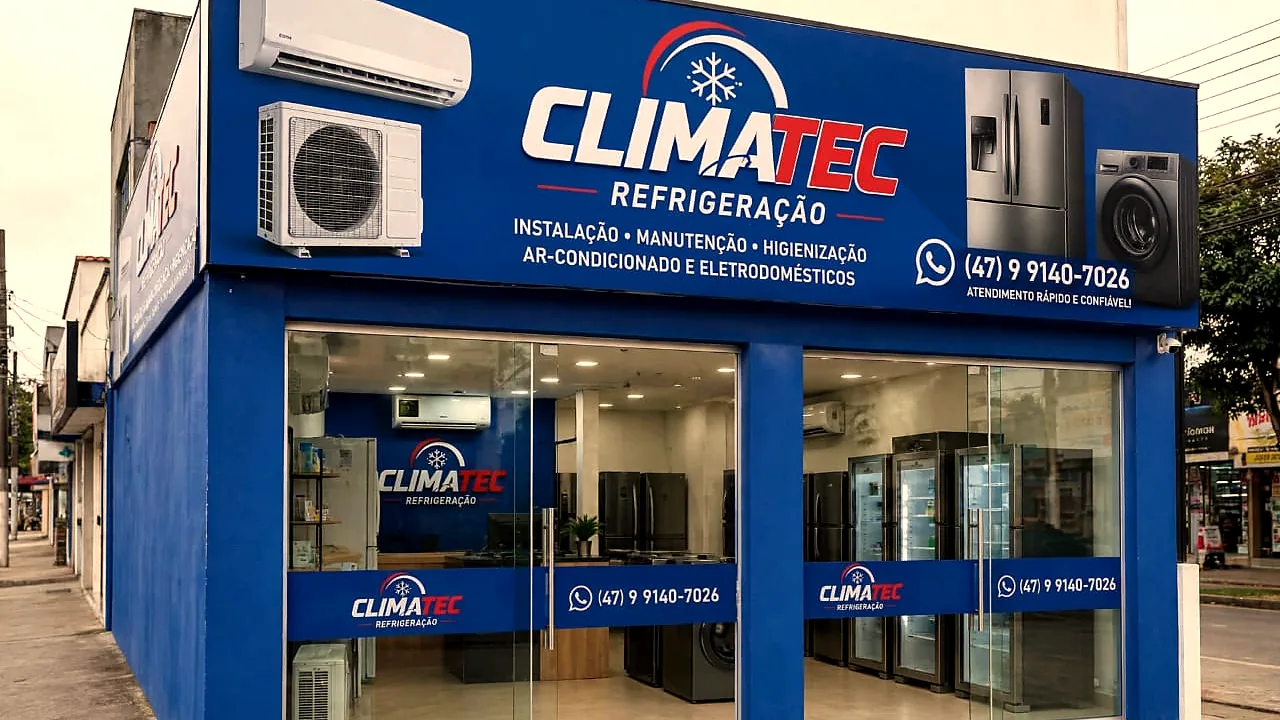 A loja da Climatec virando a esquina, com a calçada e a rua em frente